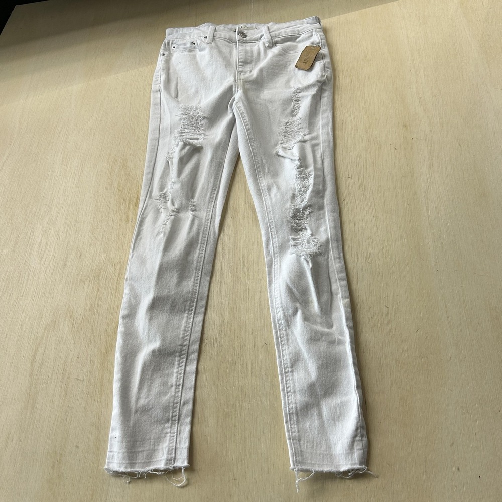 Mudd Skinny Jeans Juniors 7 White Distressed Stretch Denim Pants Raw Hem Slim
